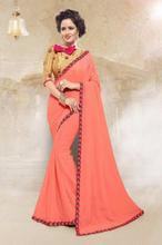 Peach Chiffon Embroidery Border Saree With Blouse For Women