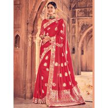 Style Lifestyle Designer Banarasi Red Saree with Elegant Floral Design With Jari & Woven Border with Red Blouse for Wedding, Party and Festival