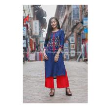 Navy Blue Flowery Print Long Kurti For Women