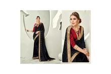 Saree With Unstitched Blouse For Women-Black-Golden