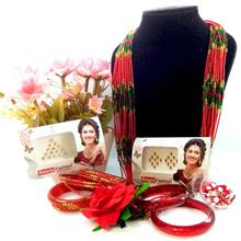 Combo Of Chunky Potey Mala+Bangles With Free Juro Flower And Bindi- Golden/Red/Green