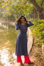 Paislei blue kurti with pink embroidery for winter