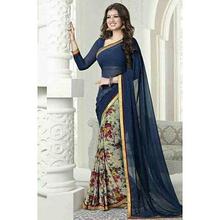 Navy Blue Floral Georgette Saree With Blouse For Women