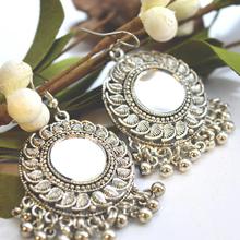 Round Silver Toned Mirror Embellished Earrings For Women