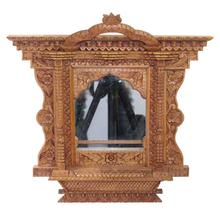 Brown Wooden Carved Window With a Mirror For Decor