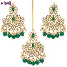 Aheli Gold Plated Kundan Pearl Chandbali Earring Maang Tikka Jewellery Set for Women