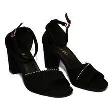 Deep Black Ankle Strap Block Heel Shoes For Women