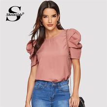 Sheinside Elegant Keyhole Back Puff Sleeve Blouse Solid