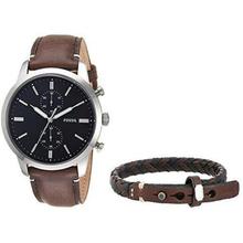Fossil Men's Silvertone Chronograph Leather Strap Watch with Bracelet