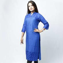 Blue Solid Chikan Emboidered Kurti For Women