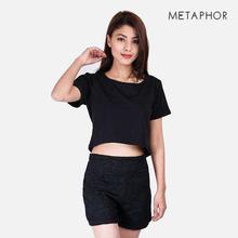 METAPHOR Blue Plain Crop T-Shirt (Plus Size) For Women - MT01BX