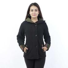 Black Polar Fleece Folded Neck Jacket For Women-WJK3045