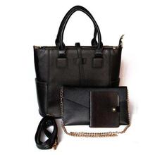 Black Textured Buckle Lock 3 In 1 PU Leather Handbag For Women