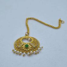 22K Gold Plated Chandbali Designed Faux Moti Drop White Stone Studded Maangtika (GPMT_008)