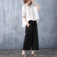 Women's wide-leg pants _ loose striped cotton and linen lace