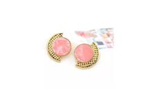 Gold Toned/Pink Opal Inlaid Semi Circle Stud Earrings For Women