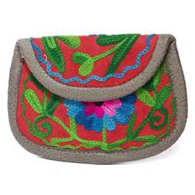 Grey/Peach Floral Embroidered Small Zip Purse For Women