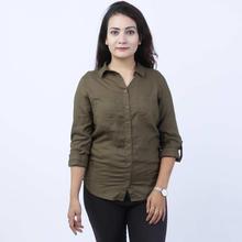 Army Green Front Pocket Designed Shirt For Women
