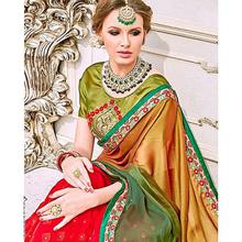 Green/Red Embroidered Fancy Saree With Blouse For Women - 9710
