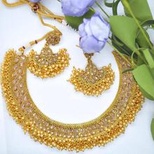 High Gold Faux Pearl & CZ Stones Studded Weave Designed Necklace And Earrings Set