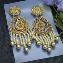 Golden/Ivory White Drop Designed Crystal Tasseled Stylish Statement Earrings For Women