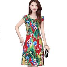 Summer New Women Cotton Dress Floral Printed O-Neck Short