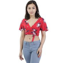 Red Floral Printed Crop Top For Women