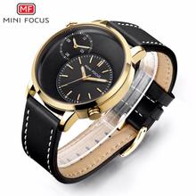 MINI FOCUS Double Movement Luxury Quartz Genuine Leather Strap Luminous Dual Time Dial Watch