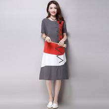 Stitching dress _ round neck short-sleeved cotton and