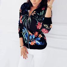 Print Bomber Jacket Women Flowers Zipper Up Retro Coat