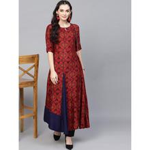 Women Red & Navy Blue Printed A-Line Kurta