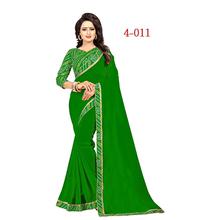 Dark Green Bordered Marble Chiffon Saree With Unstitched Blouse For Women