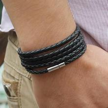 XQNI brand black retro Wrap Long leather bracelet men bangles fashion sproty Chain link male charm bracelet with 5 laps