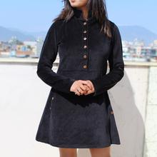 Black Velvet Button Designed Dress For Women