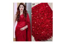 Sequin Work Saree With Unstitched Blouse For Women-Red