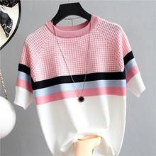 shintimes Plaid T Shirt Women Striped Tshirt Knitted