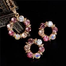 Hesiod 2 pcs/Set Gold Color Sweet Pink Round Circle Shape Pink Color Austrian Crystal Necklace Earring Jewelry Sets For Women