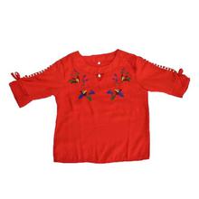 Solar Red Floral Embroidered Top For Girls