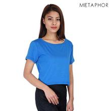 METAPHOR Blue Plain Crop T-Shirt (Plus Size) For Women - MT01BX