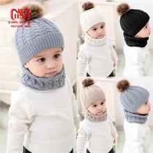 Puseky 1 Set Baby Hat Scarf Winter Fur Ball Knitted Warm Newborn