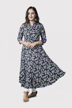 Navy Blue Printed Purple Flora Umbrella Kurti For Women  With Legging