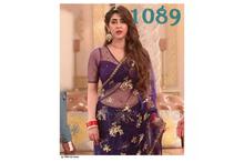 Net Floral Embroidered Saree With Unstitched Blouse For Women-Purple