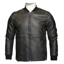 Black Textured Pu Leather Bomber Jacket For Men