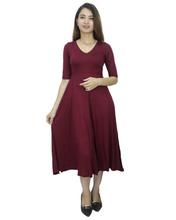 Maroon Cotton Mix Midi Dress For Women-WDR5135