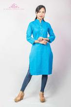 Sky Blue Slub Cotton Striped Kurti For Women - BC 867