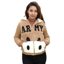 Brown 'Army' Print Furry Jacket For Women