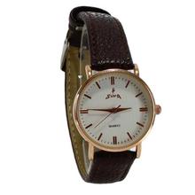 Supa White Dial Round Watch With Brown Leather Strap For Women