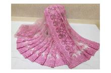 soft Net Floral Embroidered Saree With Unstitched Blouse For Women-Light Pink