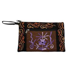 Brown/Blue Flower Embroidered Hand Purse For Women