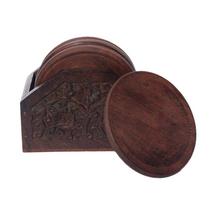 Brown Round Tea Coaster With Carved Holder - 6 Pcs.